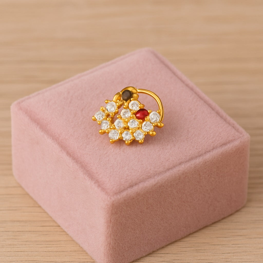 Multicolor CZ in Floral Net Motif Cluster Nose Pin - Sterling Silver Gold Plated