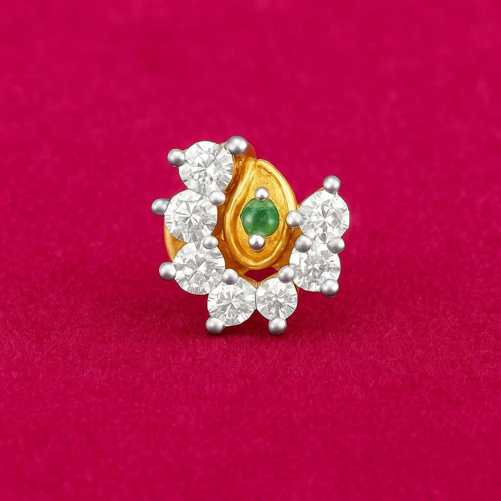 White CZ & Green Emerald Accent Nose Pin - Sterling Silver Gold Plated