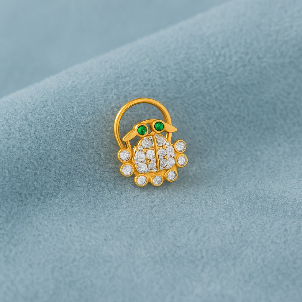 White CZ Body with Green CZ Eyes Crab Nose Pin - Sterling Silver Gold Plated