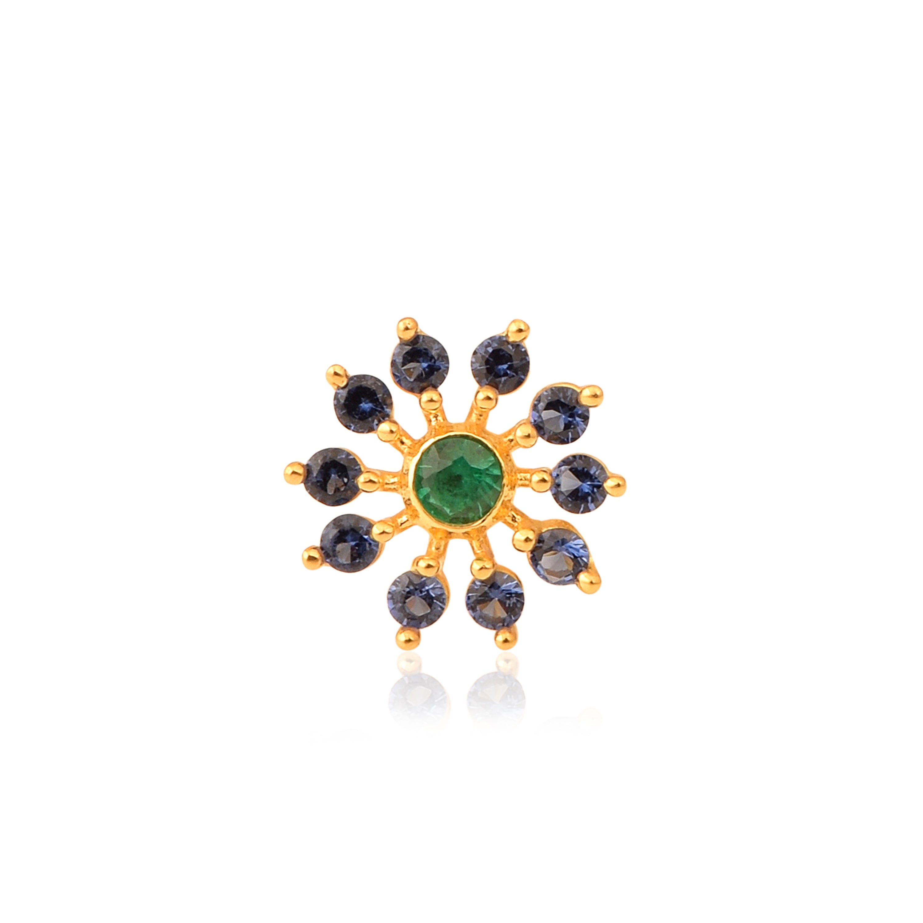 Green CZ & Blue CZ Sunburst Floral Nose Pin - Gold Plated Sterling Silver