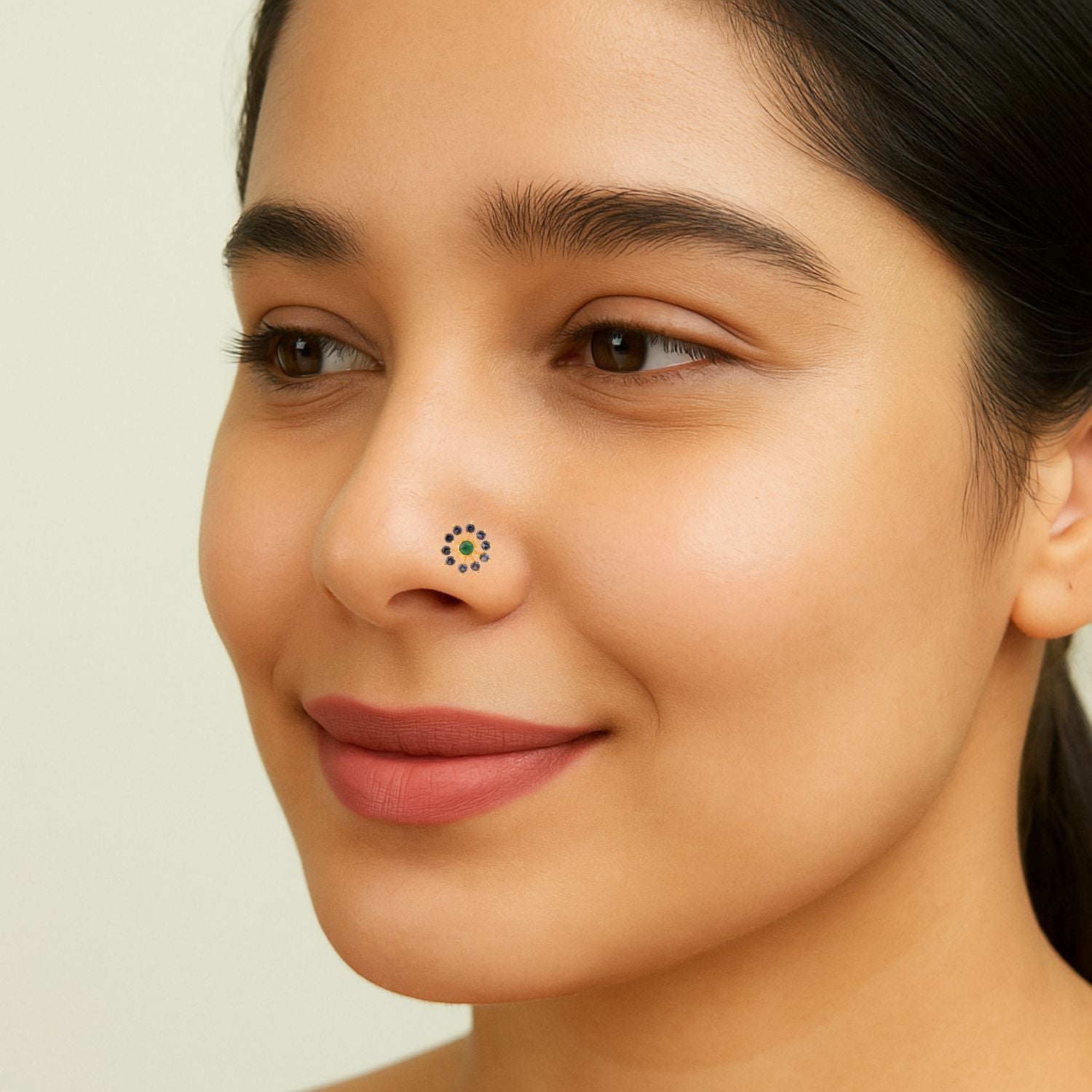 Green CZ & Blue CZ Sunburst Floral Nose Pin - Gold Plated Sterling Silver