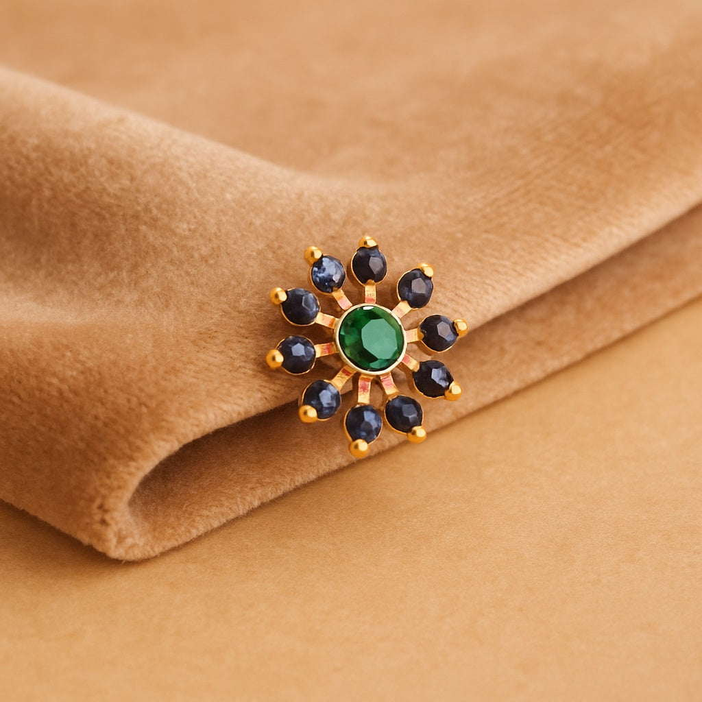 Green CZ & Blue CZ Sunburst Floral Nose Pin - Gold Plated Sterling Silver