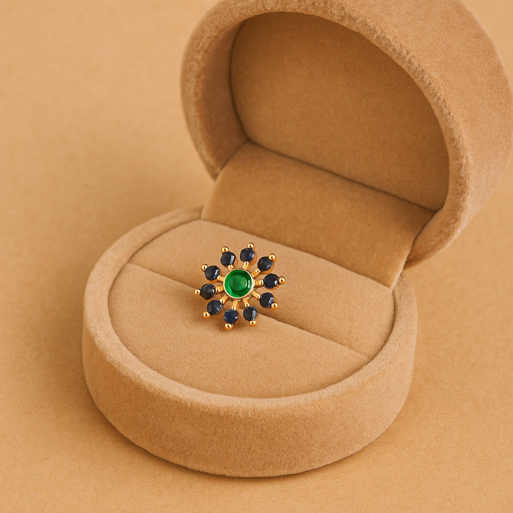 Green CZ & Blue CZ Sunburst Floral Nose Pin - Gold Plated Sterling Silver
