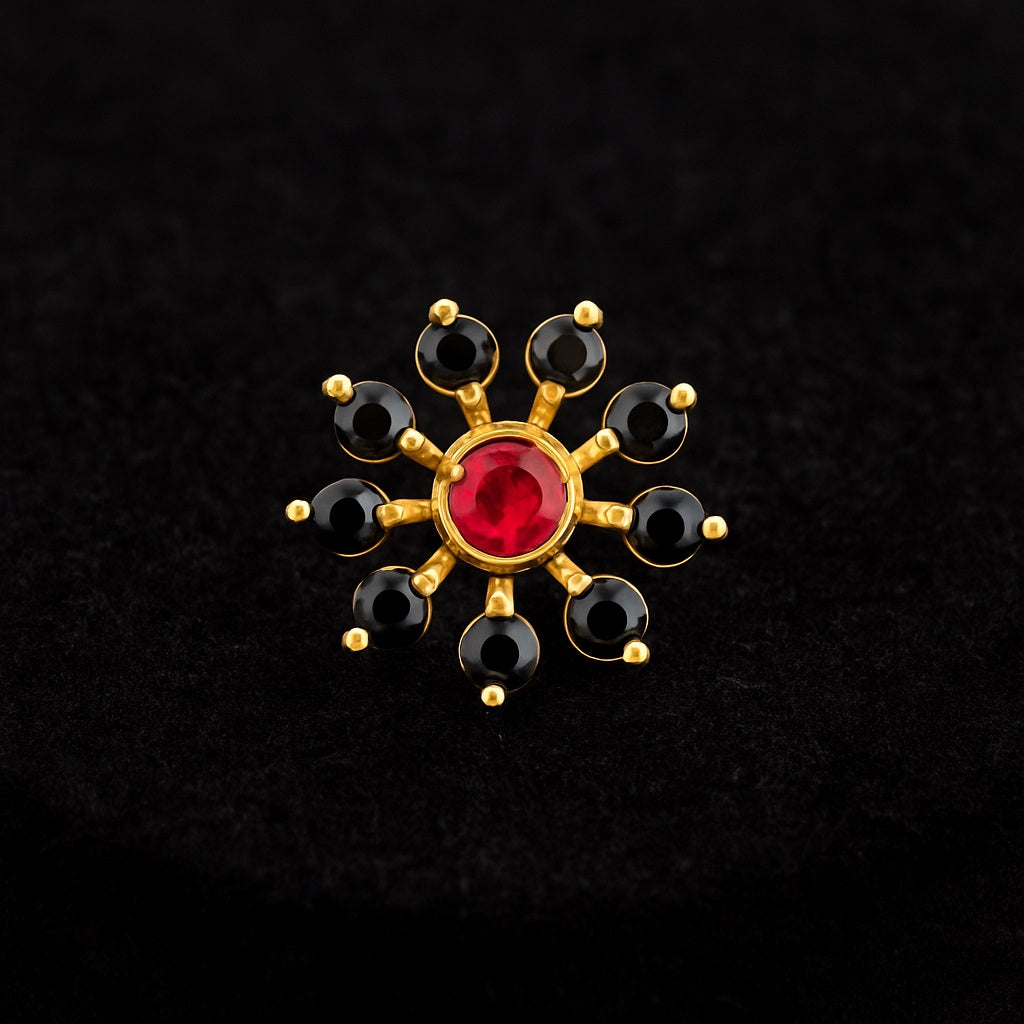 Red CZ & Black Spinel Style Cluster Floral Nose Pin - Gold Plated Sterling Silver