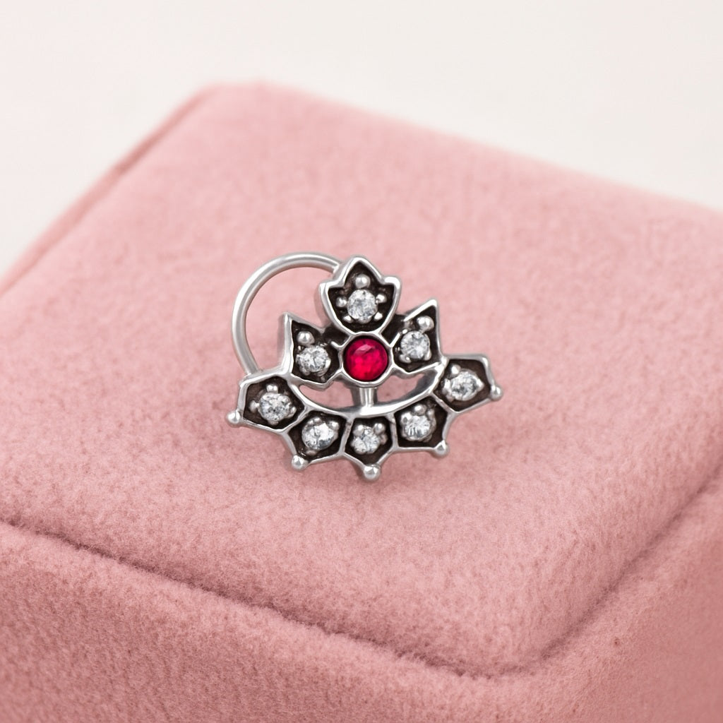 Ruby Pink & White CZ Stones Lotus Nose Pin - 925 Oxidized Sterling Silver