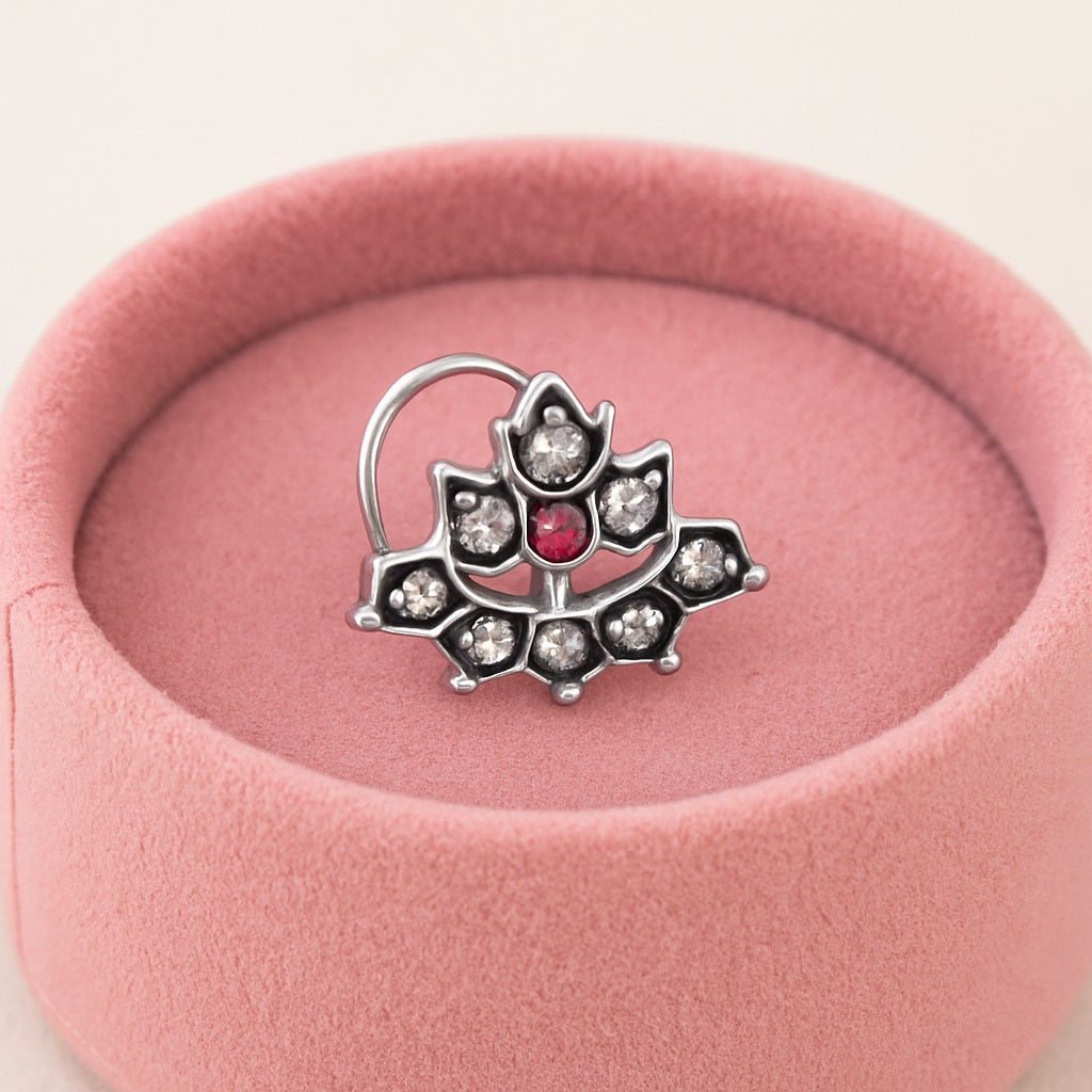 Ruby Pink & White CZ Stones Lotus Nose Pin - 925 Oxidized Sterling Silver