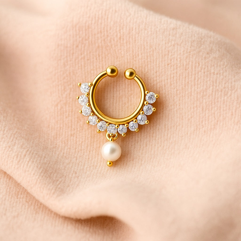 White CZ & Pearl Half-Sun Nose PIn – Sterling Silver Gold Plated