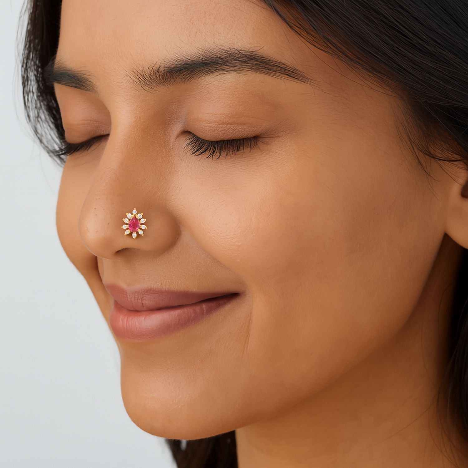 Red CZ Teardrop Halo Nose Pin - Sterling Silver Gold Plated