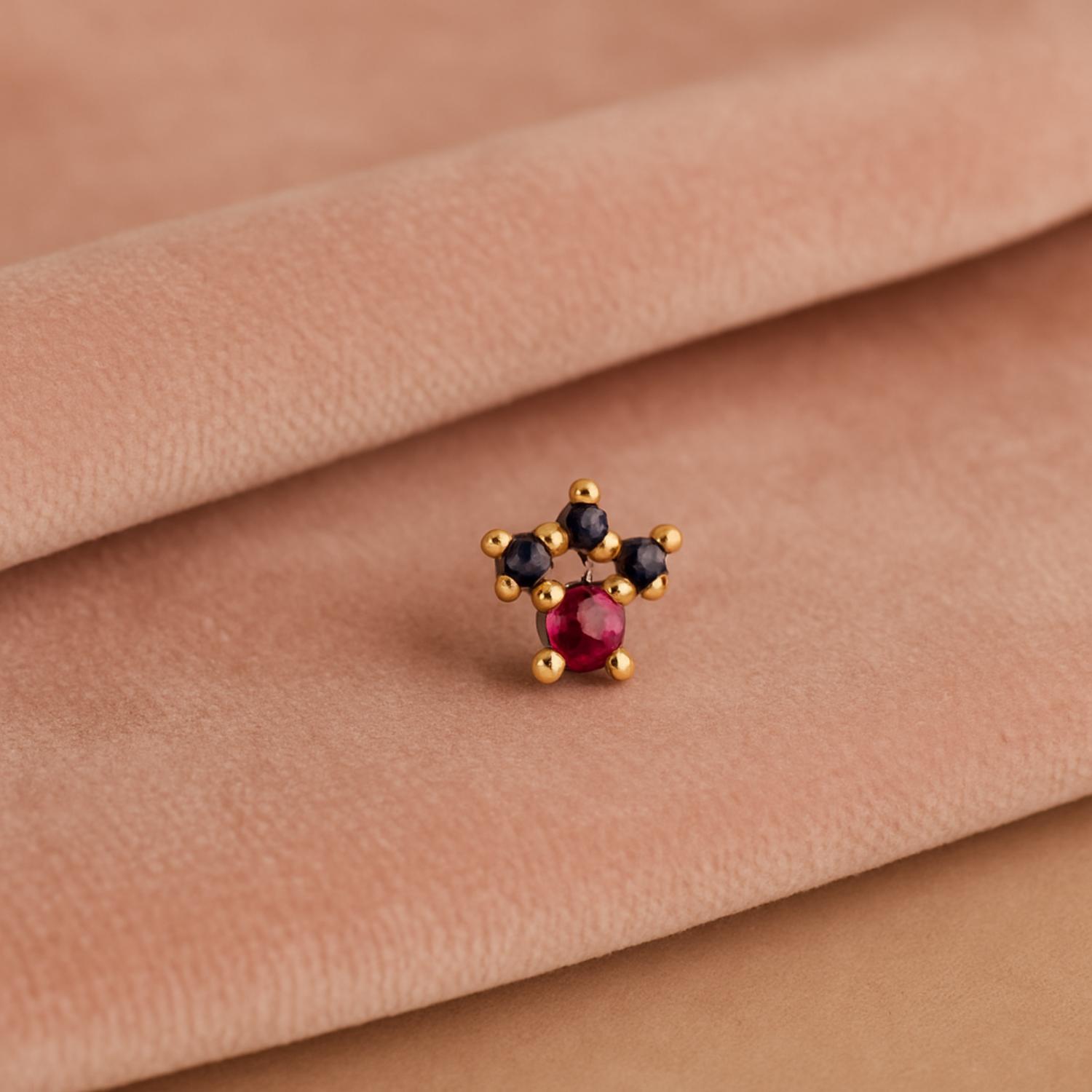 Red & Blue CZ Crown Nose Pin - Sterling Silver Gold Plated