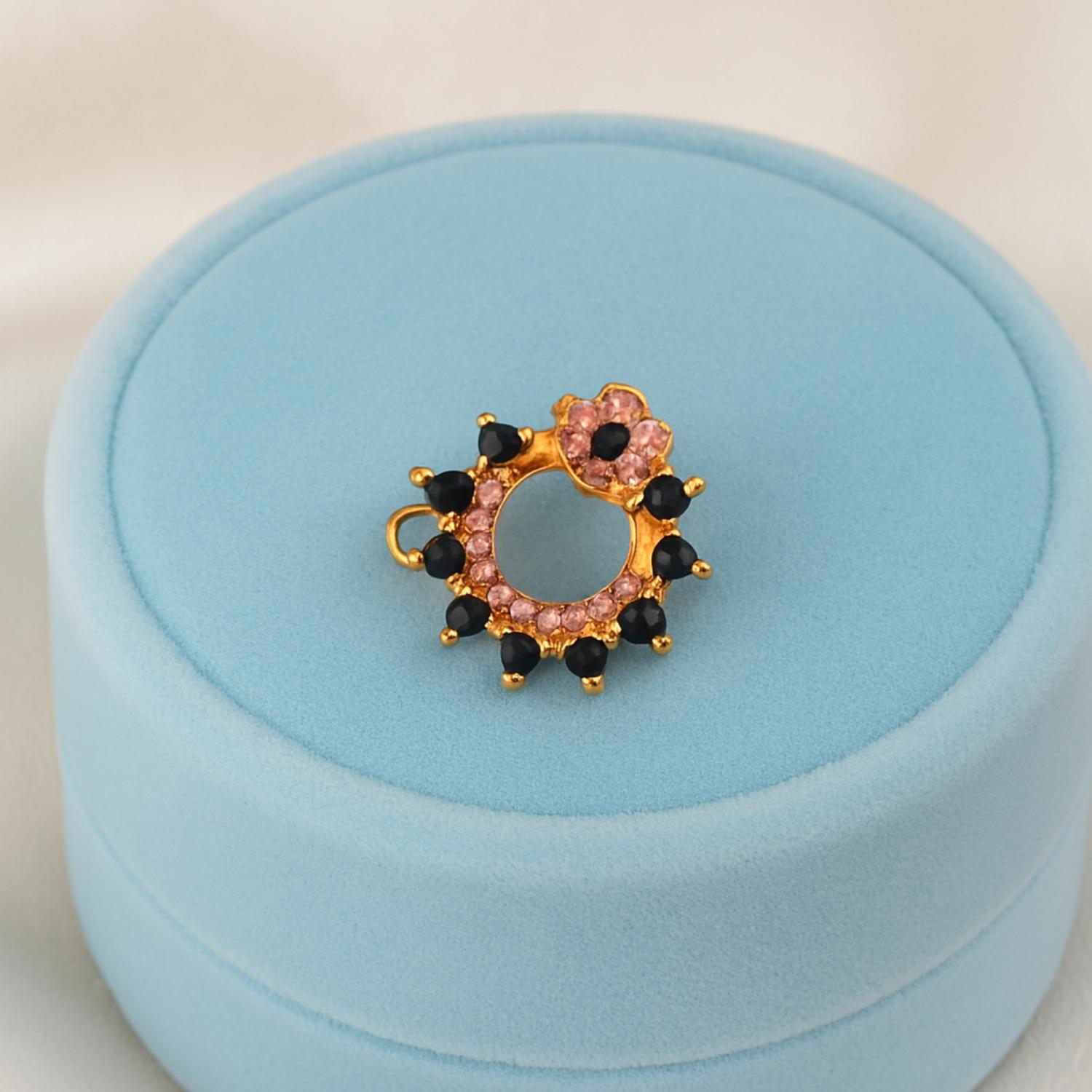 Pink & Black CZ Crown Nose Pin - Sterling Silver Gold Plated