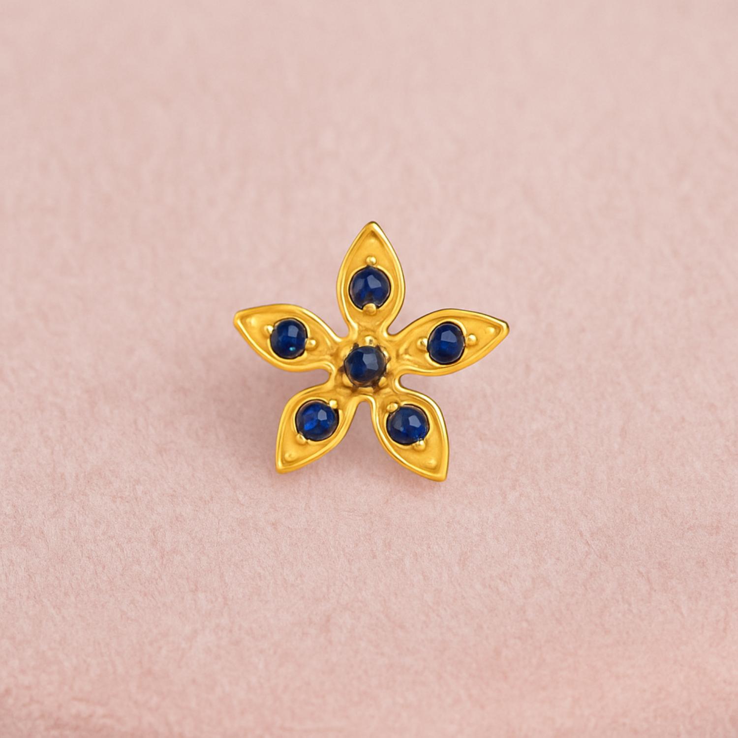 Blue CZ Flower Nose Pin - Sterling Silver Gold Plated
