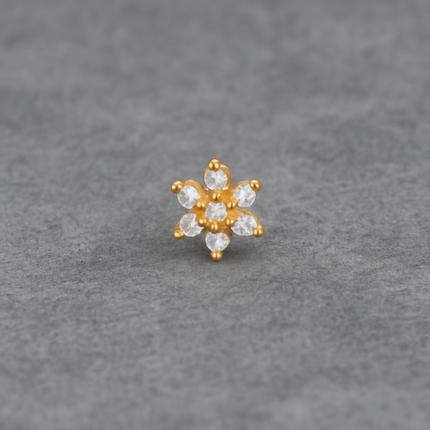 White CZ Floral Nose Pin - Sterling Silver Gold Plated