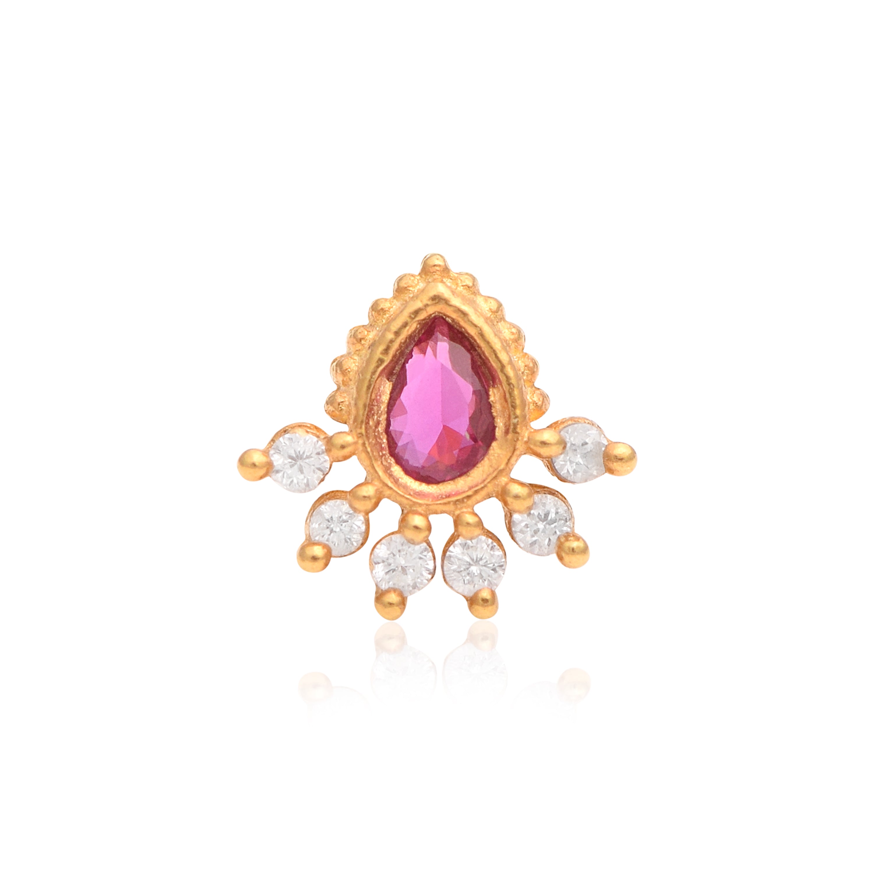 Red CZ Floral Nose Pin - Sterling Silver Gold Plated