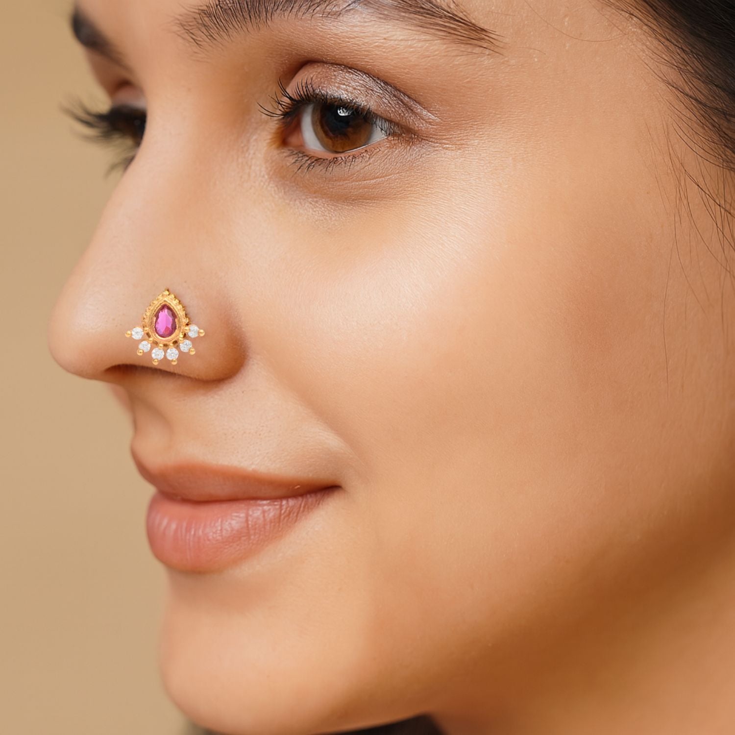 Red CZ Floral Nose Pin - Sterling Silver Gold Plated