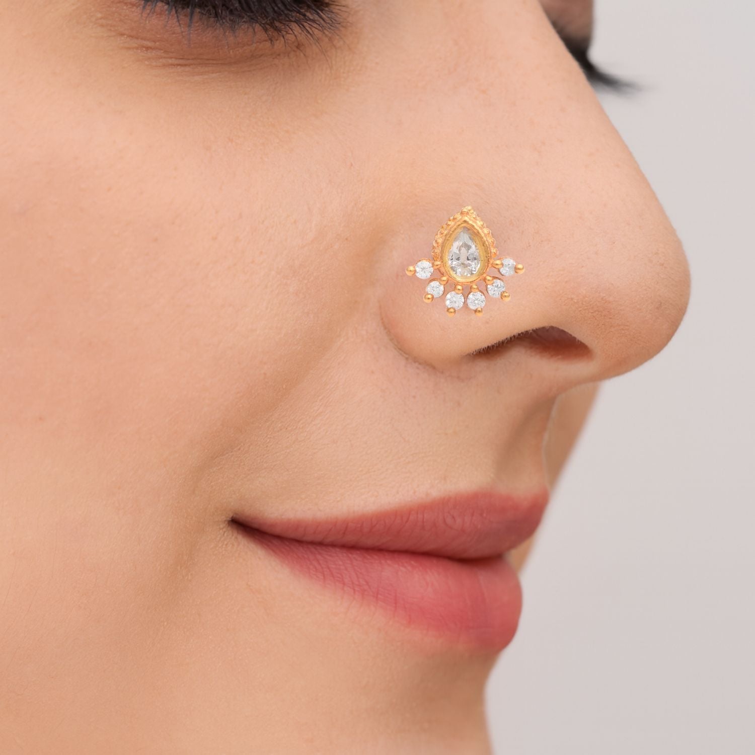 White CZ Floral Nose Pin - Sterling Silver Gold Plated