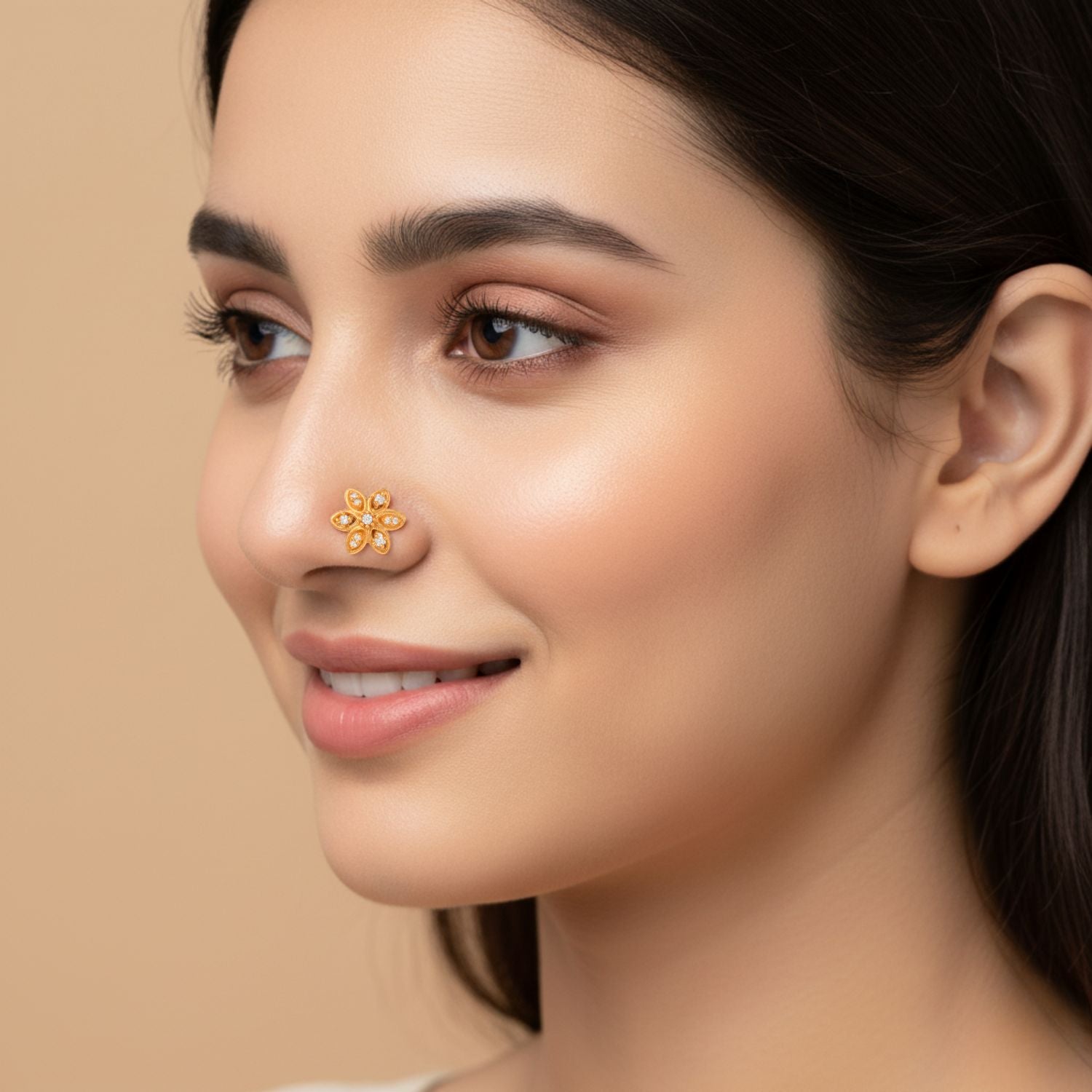 White CZ Center Five-Petal Floral Nose Pin – Sterling Silver Gold Plated