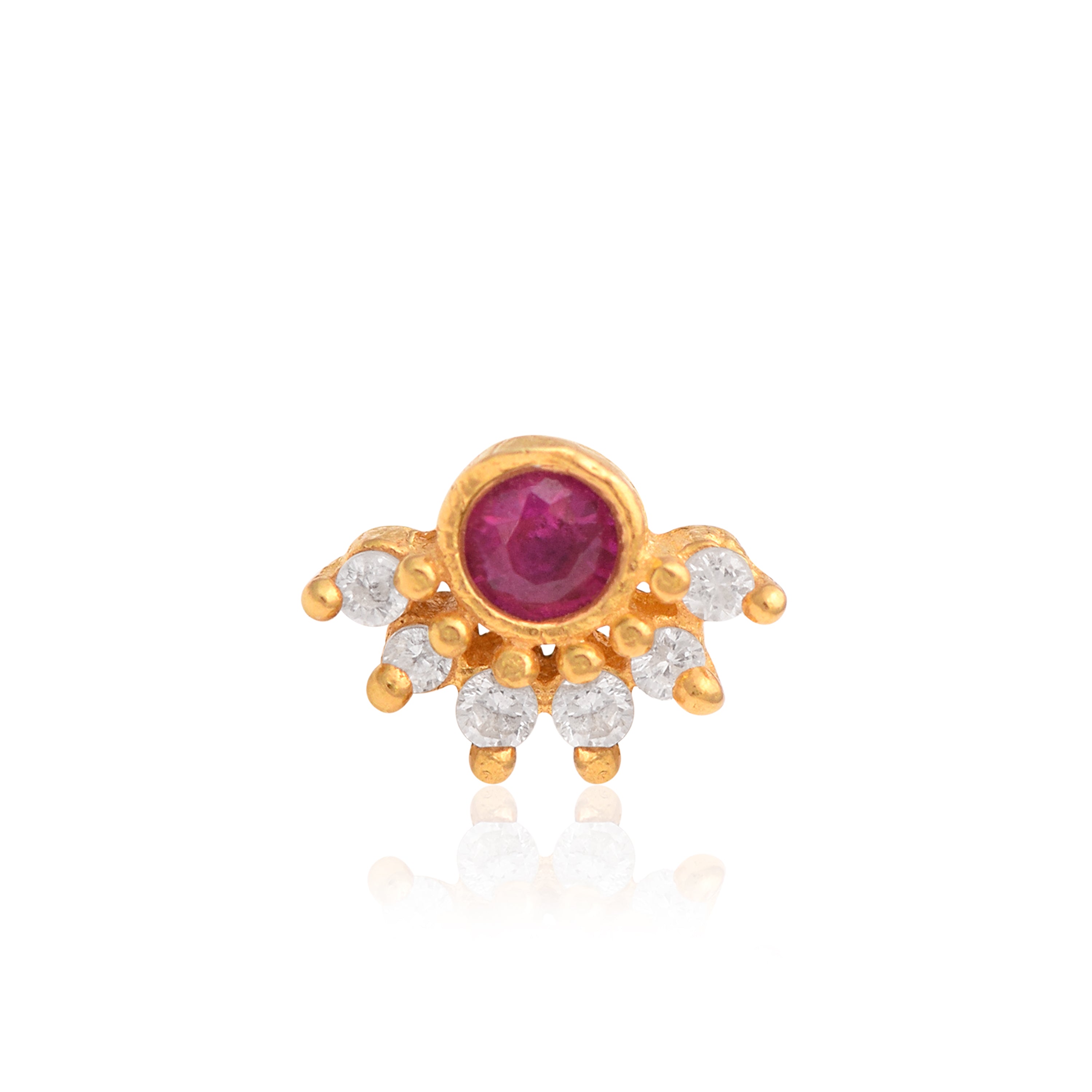 Red CZ Floral Nose Pin - Sterling Silver Gold Plated