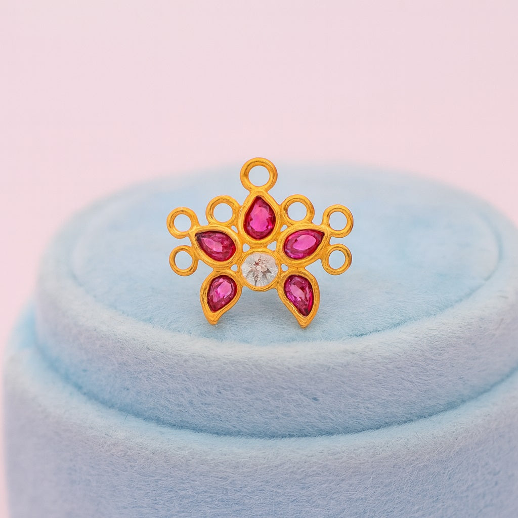 Red CZ Floral Nose Pin - Sterling Silver Gold Plated