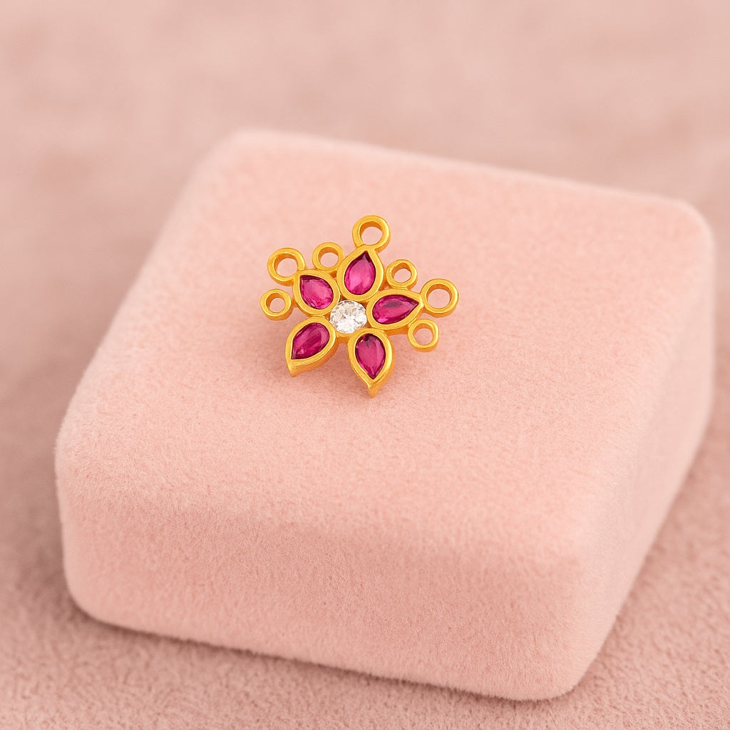 Red CZ Floral Nose Pin - Sterling Silver Gold Plated