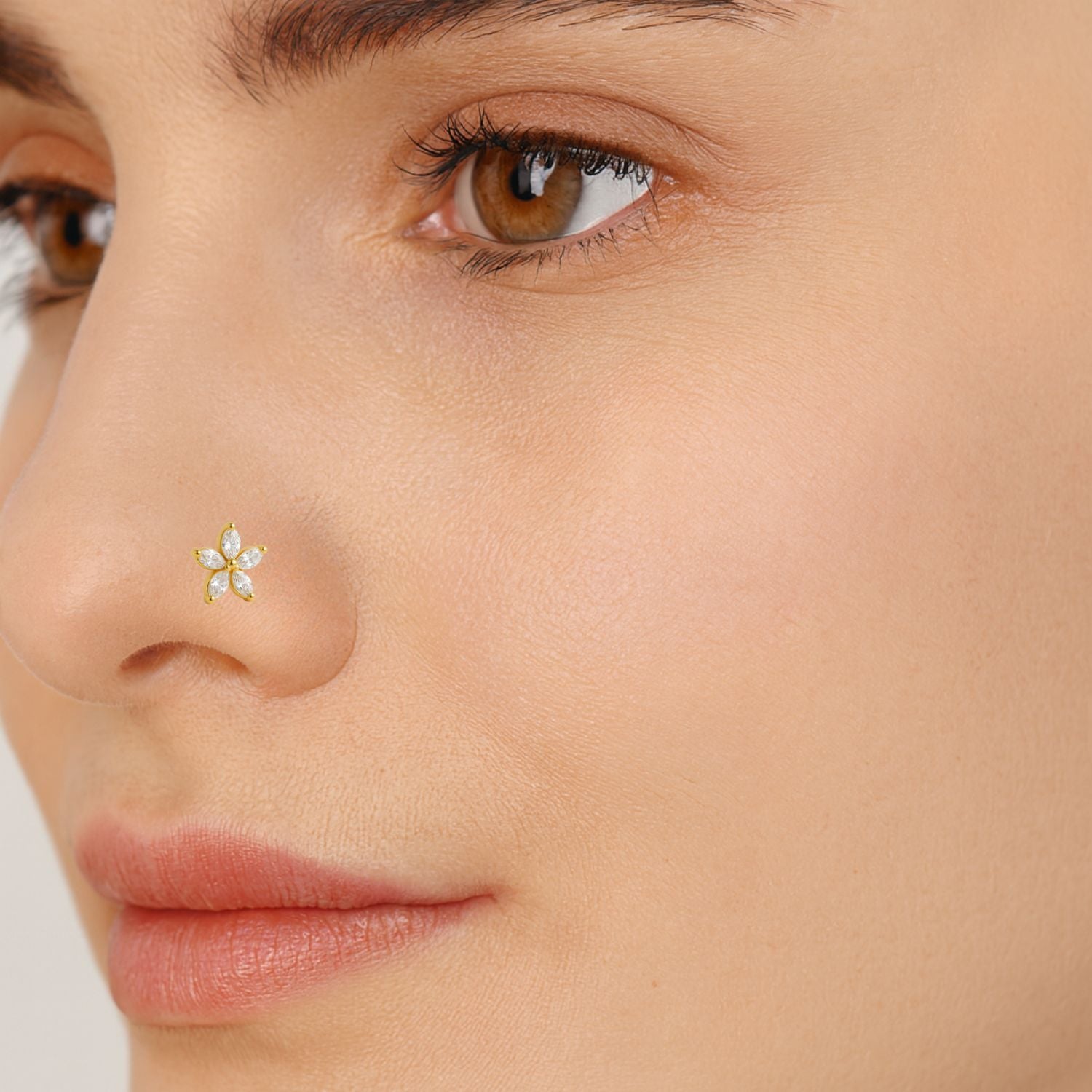 White CZ Marquise Five-Petal Nose Floral Pin – Sterling Silver Gold-Plated