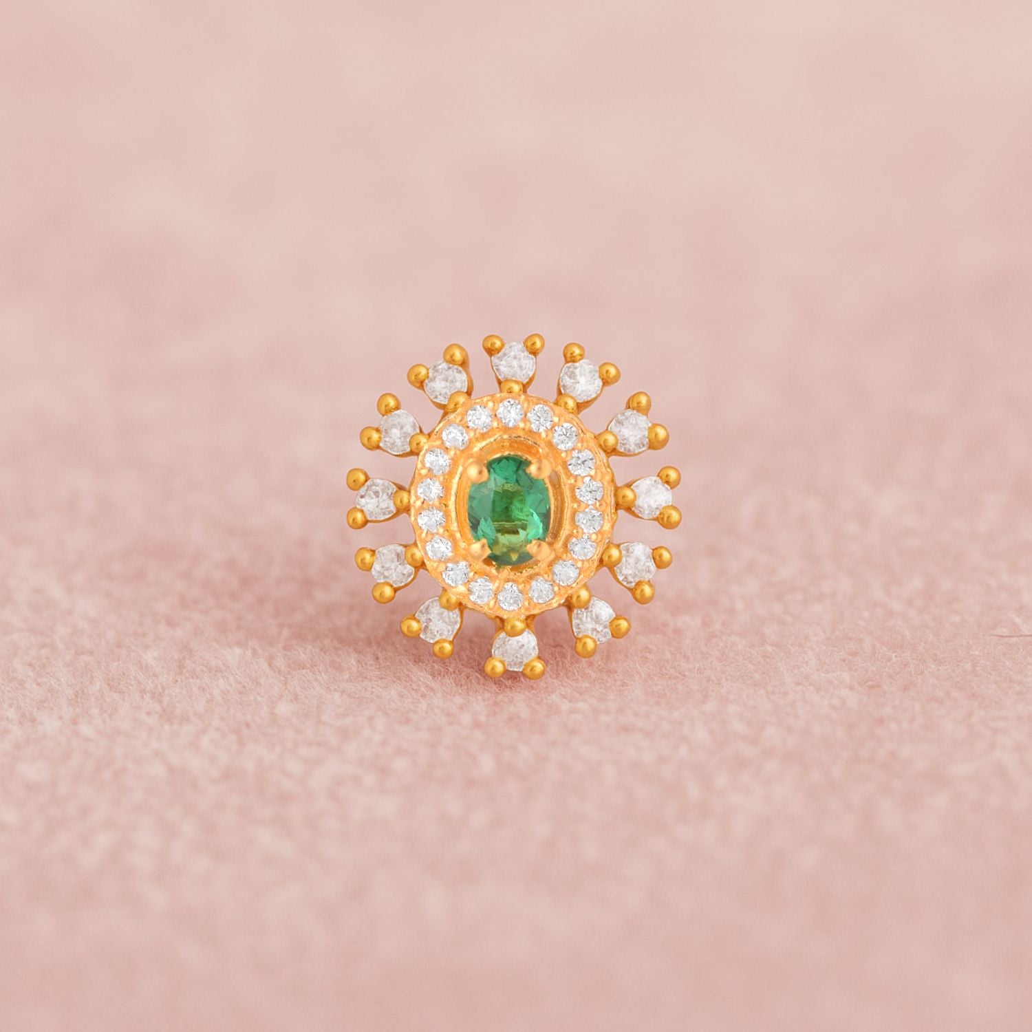 Green CZ Double Halo Nose Pin - Sterling Silver Gold Plated