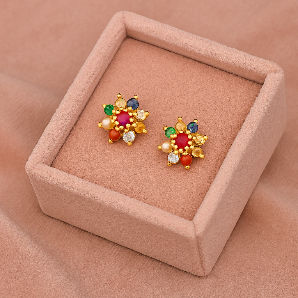 Nine Gemstone Navratna Floral Stud Earrings – Sterling Silver Gold Plated