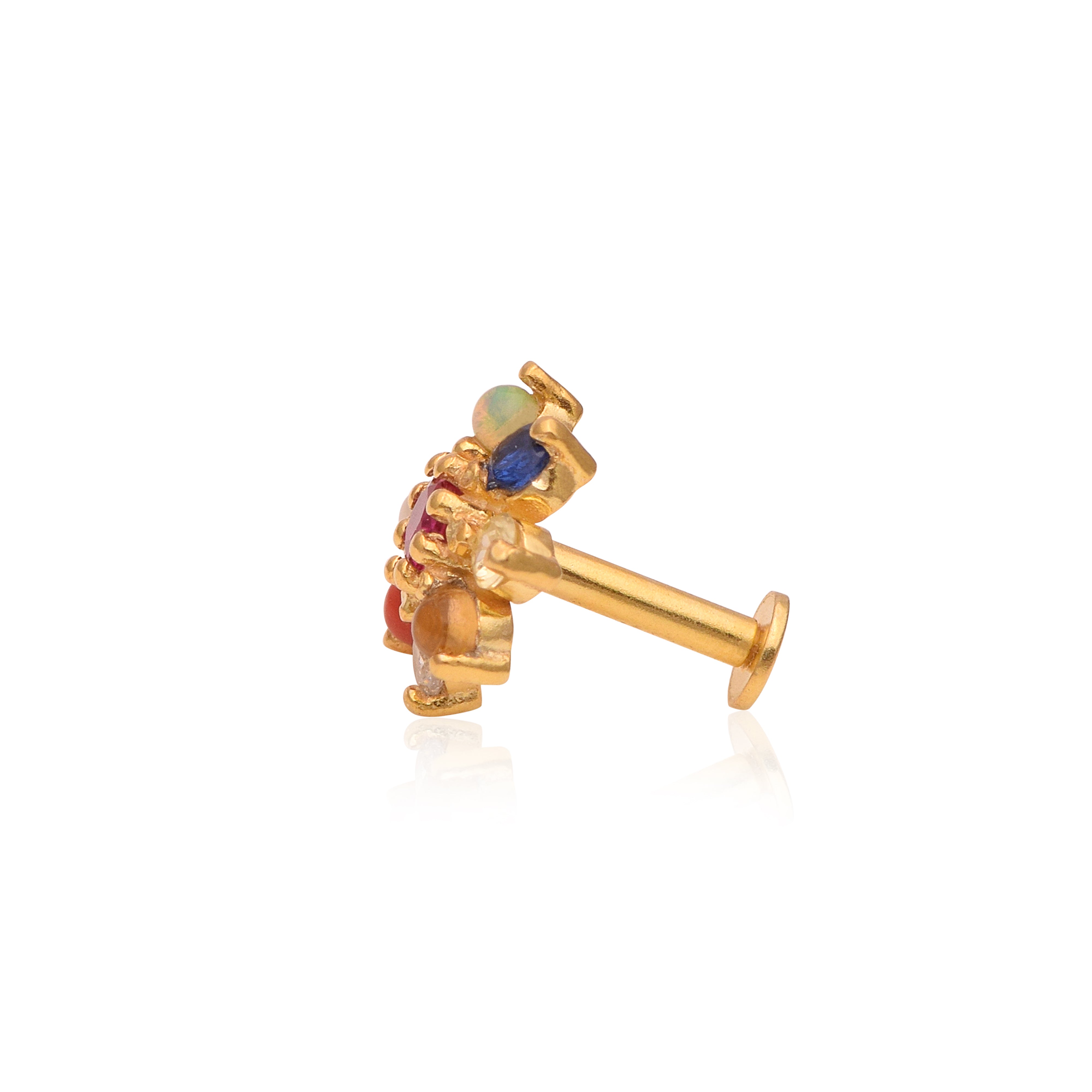 Navratna Floral Nose Pin – Sterling Silver Gold Plated