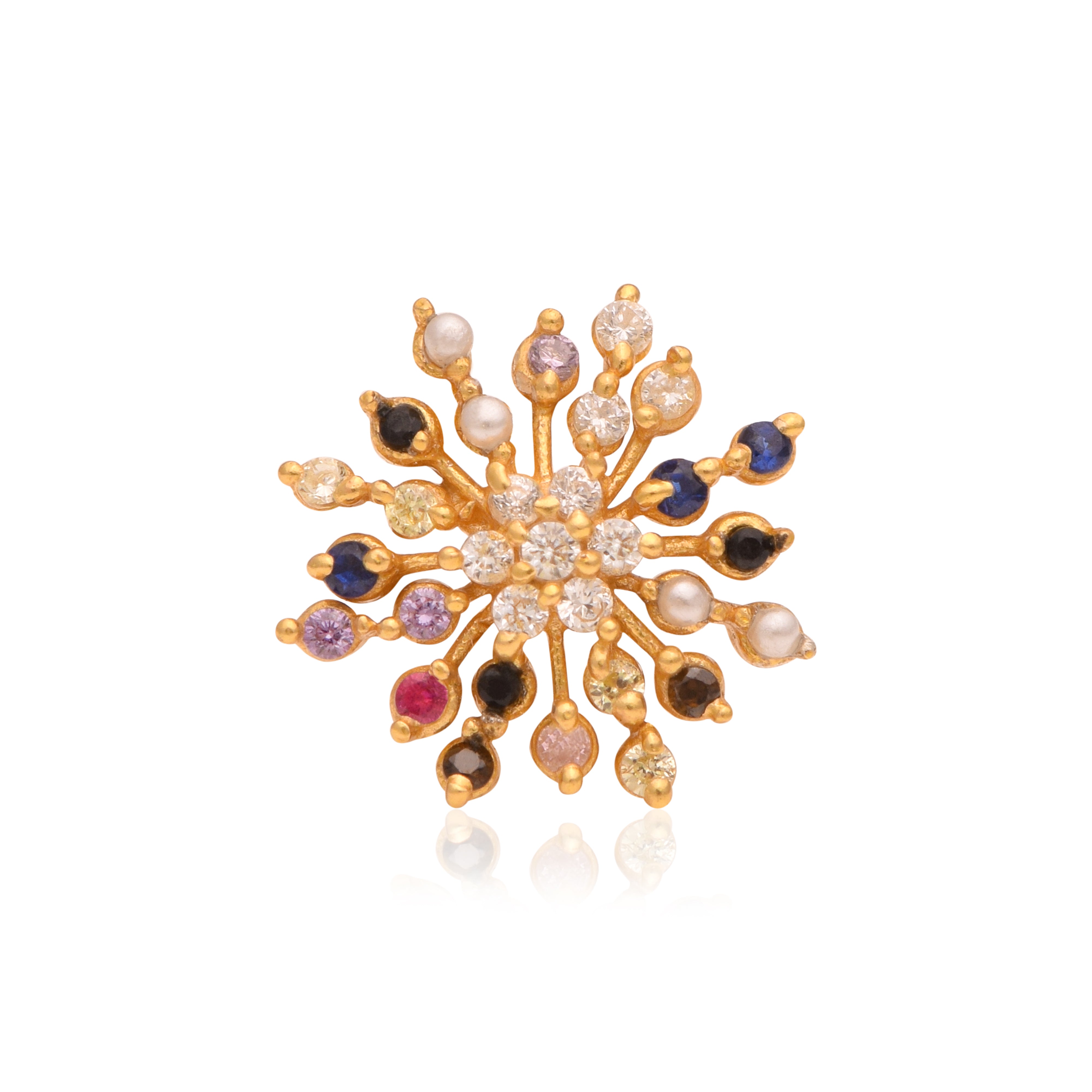 Navratan Multi-Stone Starburst Floral Nose Pin – Sterling Silver Gold Plated
