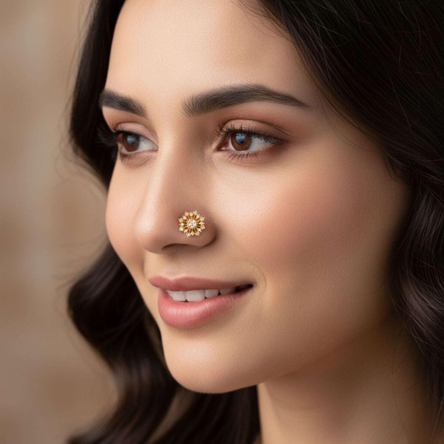 White CZ Sunburst Floral Nose Pin – Sterling Silver Gold Plated