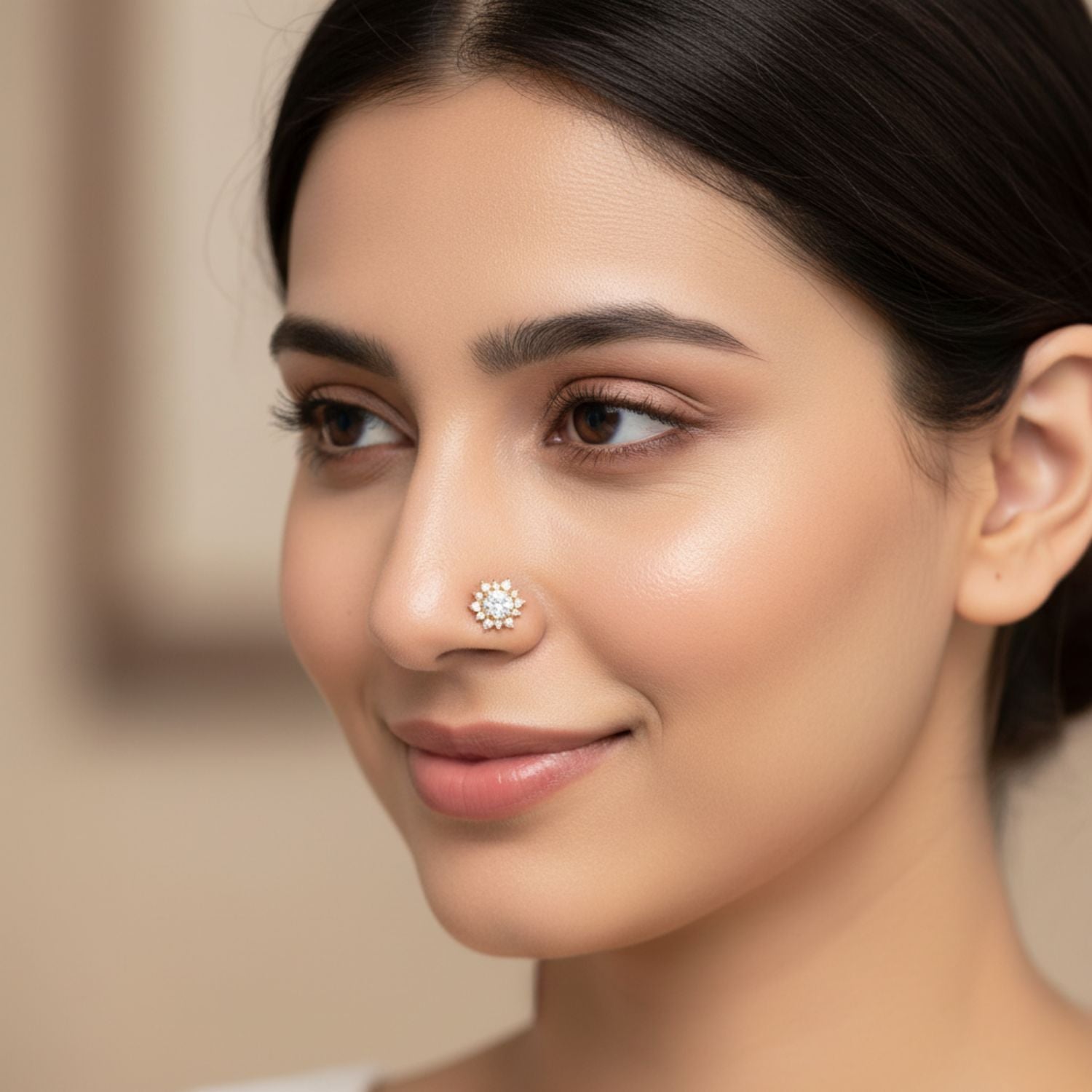 White CZ Halo Floral Design Nose Pin – Sterling Silver Gold Plated