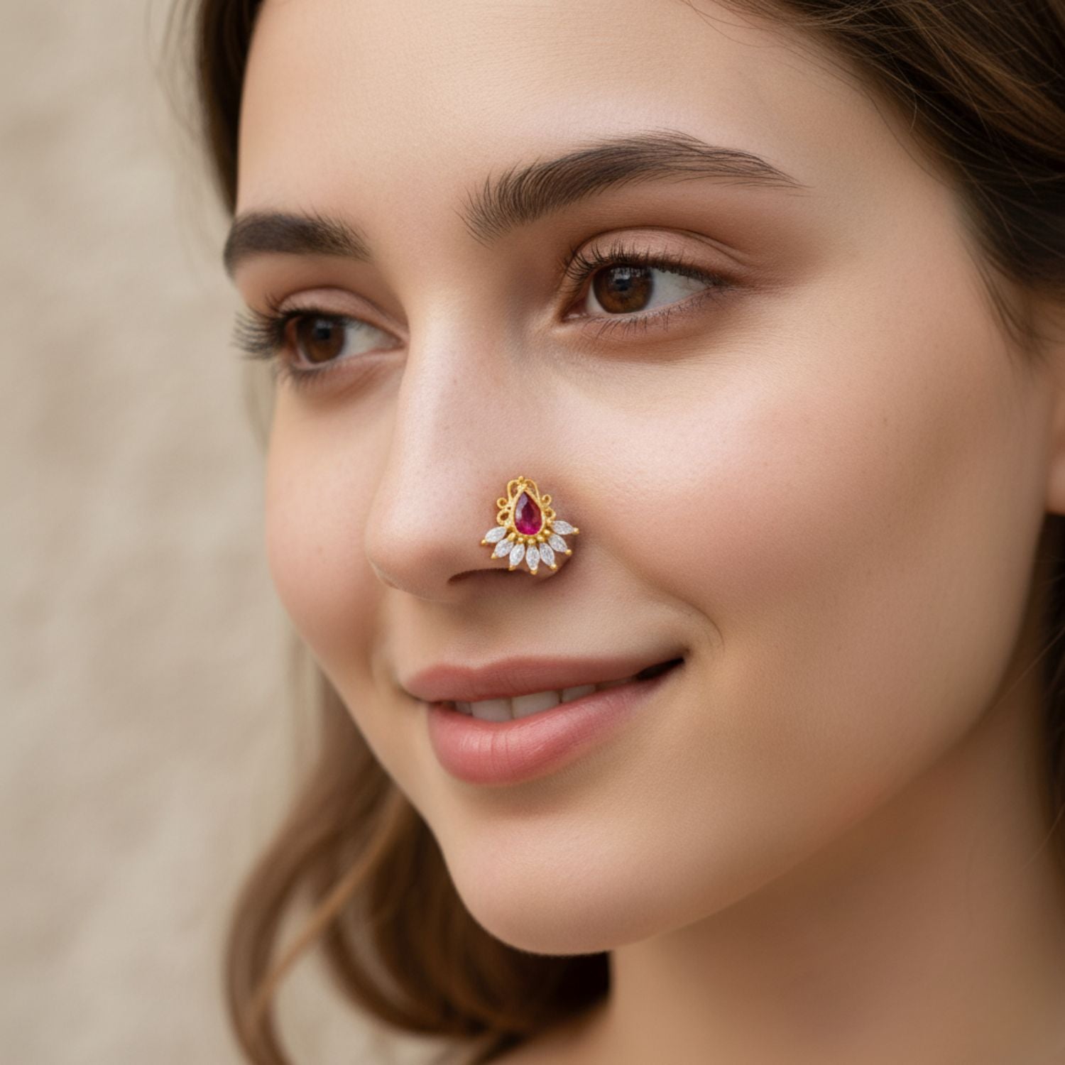 Red CZ Peacock Fan Ethnic Nose Pin – Sterling Silver Gold Plated