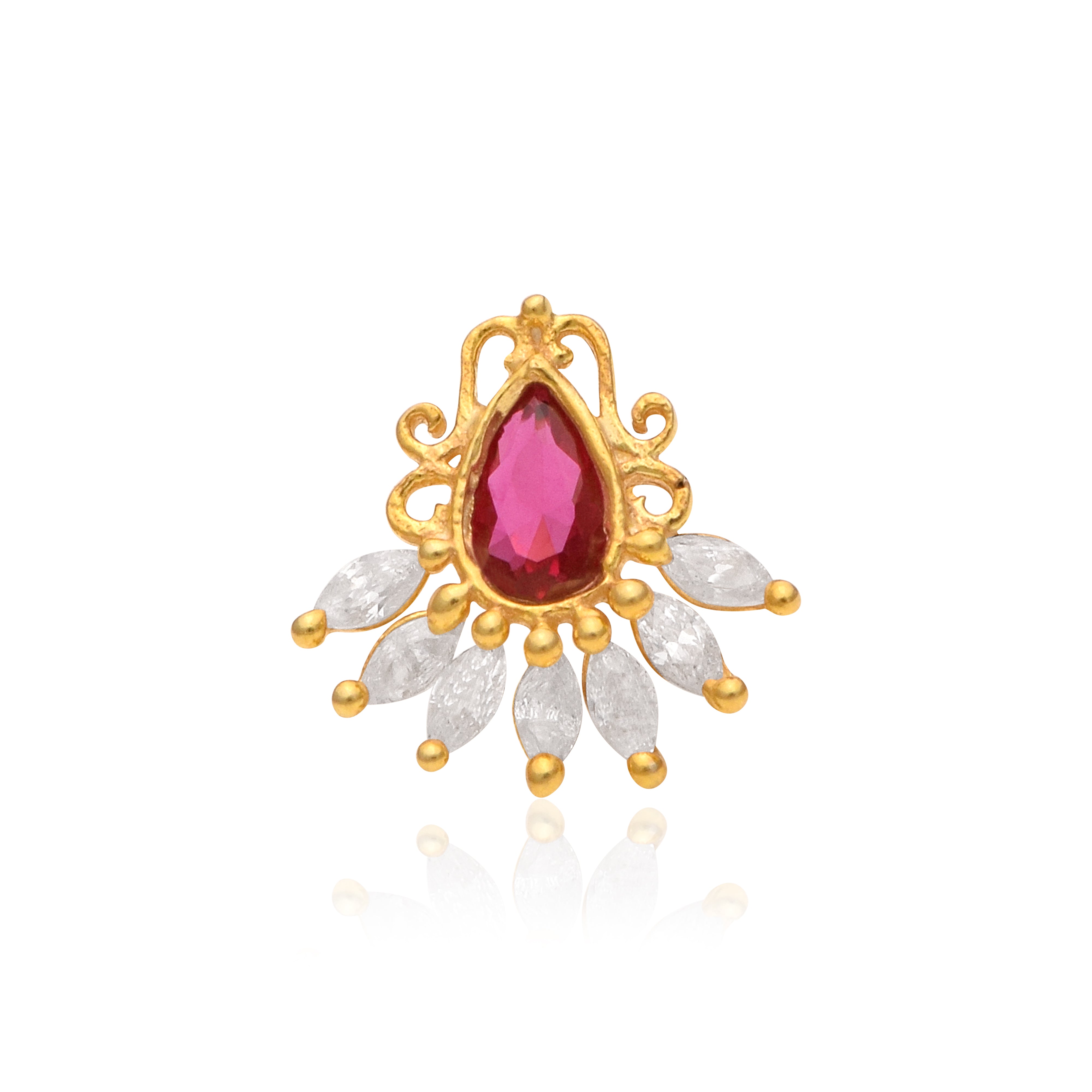 Red CZ Peacock Fan Ethnic Nose Pin – Sterling Silver Gold Plated