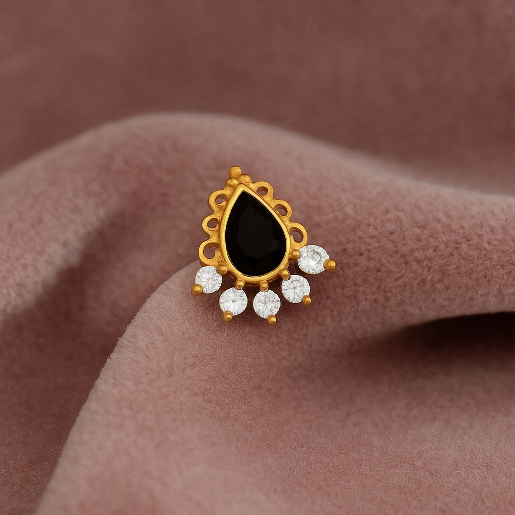 Black Spinel Tear Drop Floral Nose Pin – Sterling Silver Gold Plated