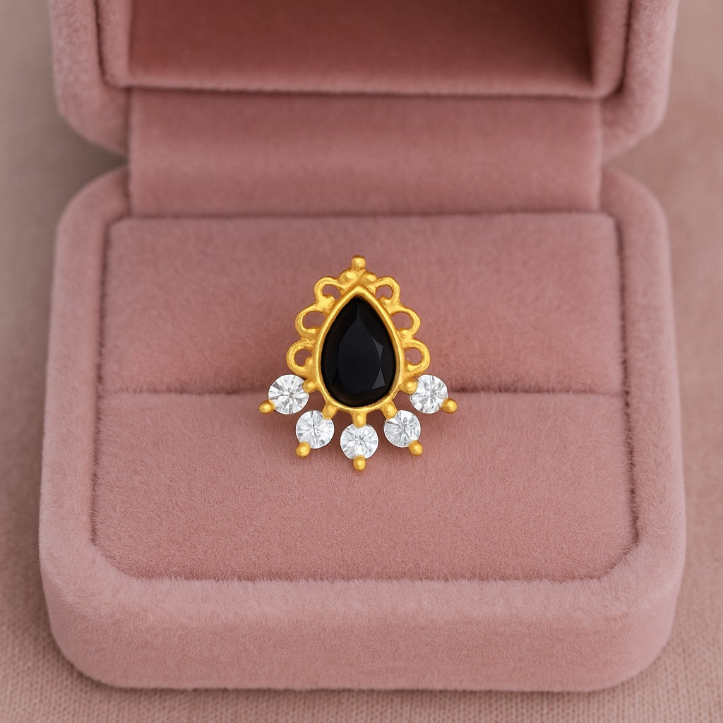 Black Spinel Tear Drop Floral Nose Pin – Sterling Silver Gold Plated