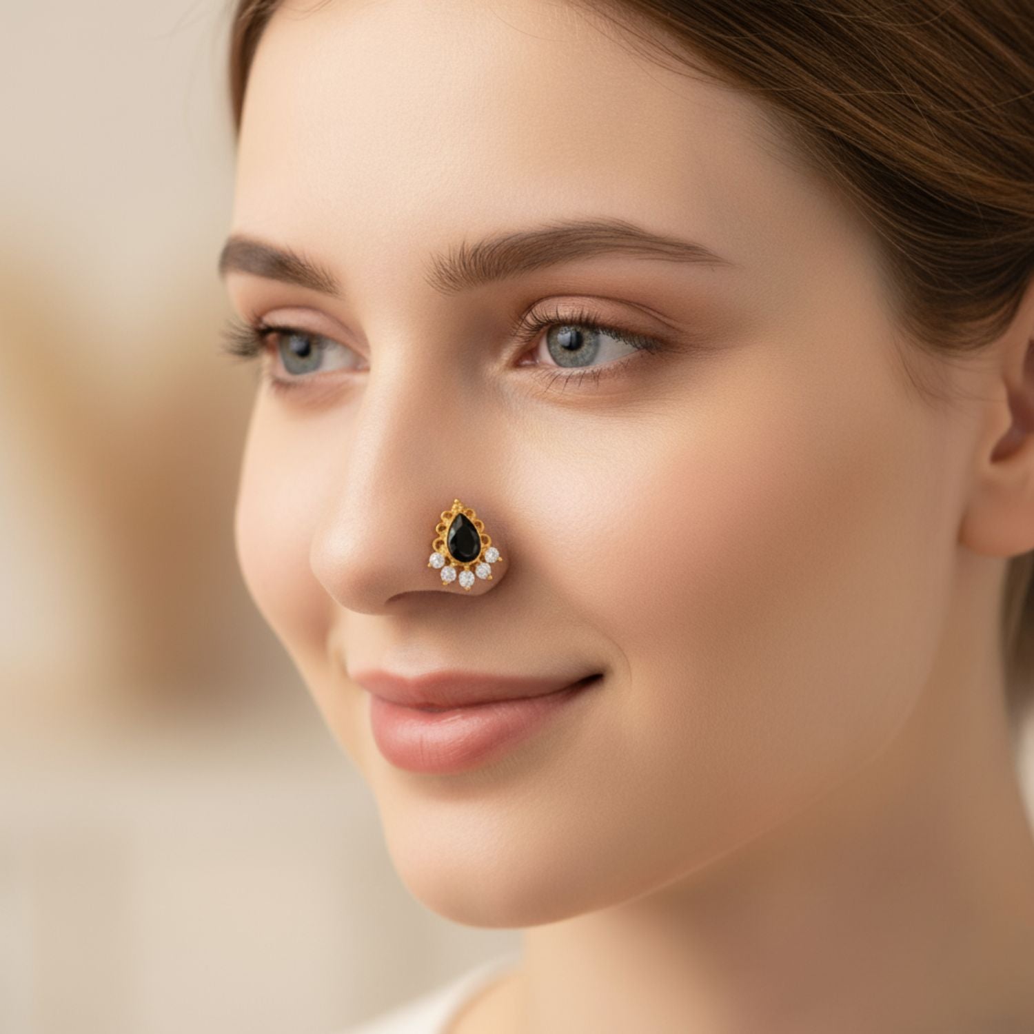 Black Spinel Tear Drop Floral Nose Pin – Sterling Silver Gold Plated