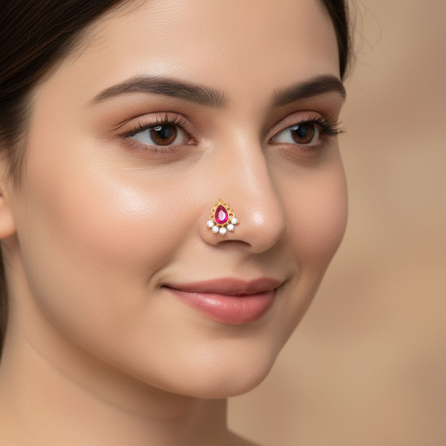 Red Cz Teardrop Ethnic Fan Nose Pin – Sterling Silver Gold Plated