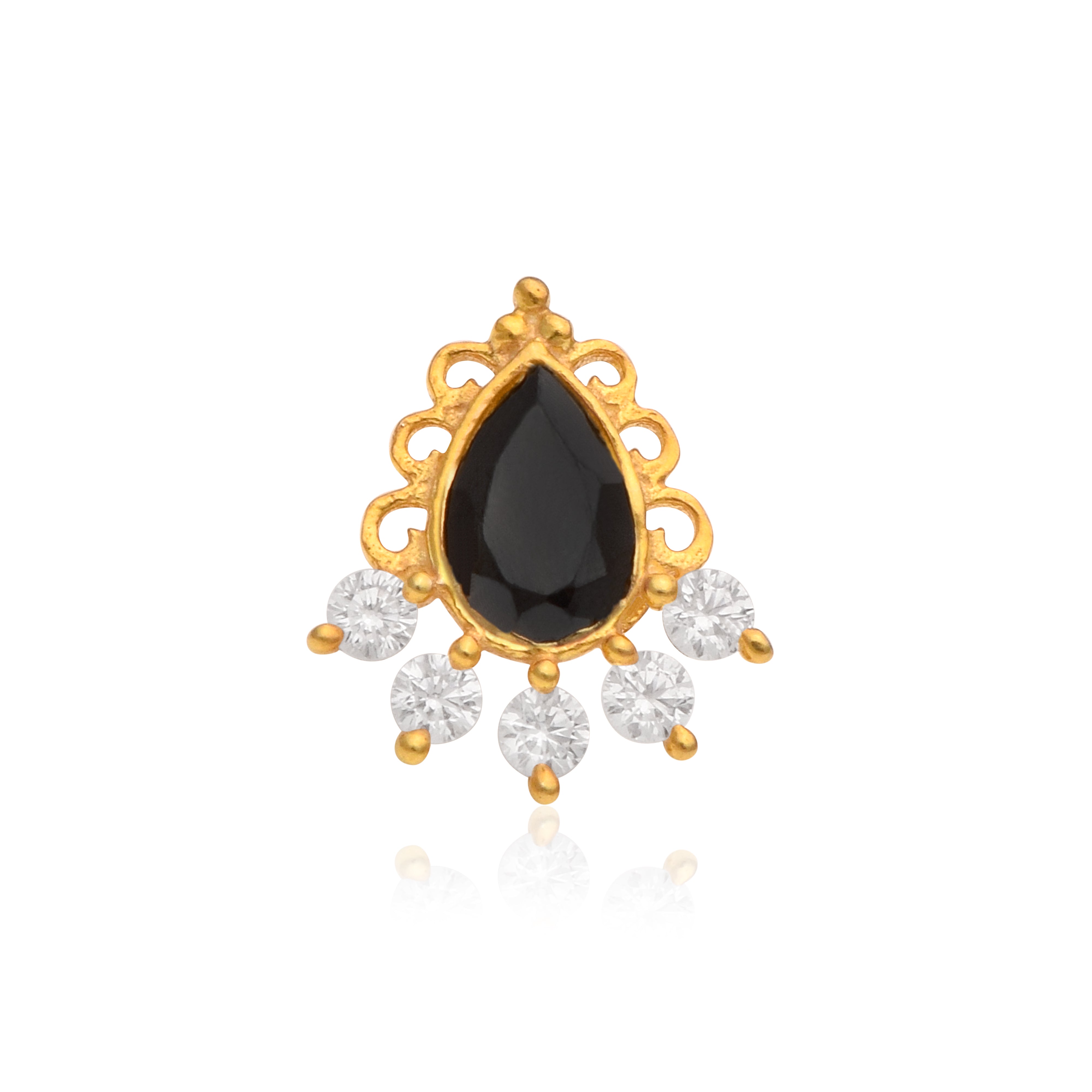 Black Spinel Tear Drop Floral Nose Pin – Sterling Silver Gold Plated