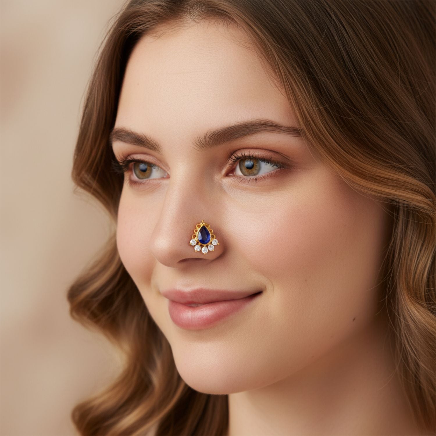 Blue Cz Tear Drop Floral Nose Pin – Sterling Silver Gold Plated