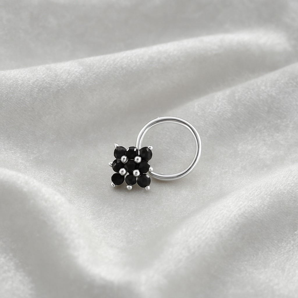 Black Spinel Cluster Floral Nose Pin- 925 Sterling Silver