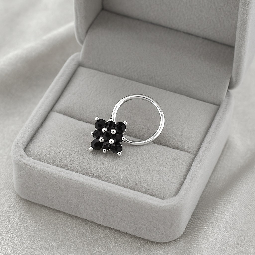 Black Spinel Cluster Floral Nose Pin- 925 Sterling Silver