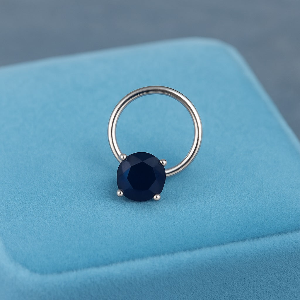 Round Blue Sapphire Solitaire Nose Pin - Sterling Silver