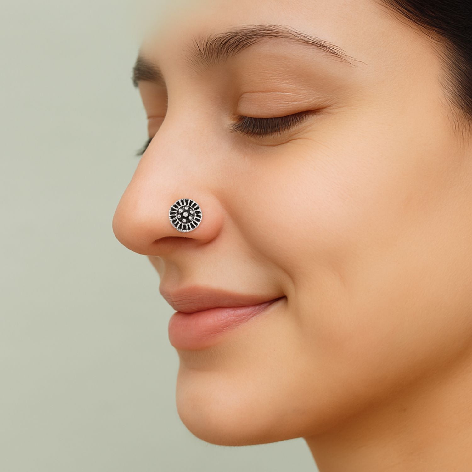 Sun Motif Tribal Design Nose Pin - 925 Oxidized Sterling Silver