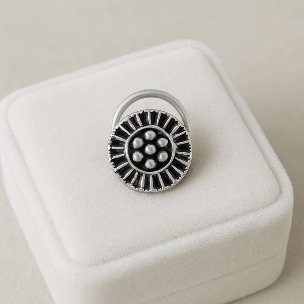Sun Motif Tribal Design Nose Pin - 925 Oxidized Sterling Silver