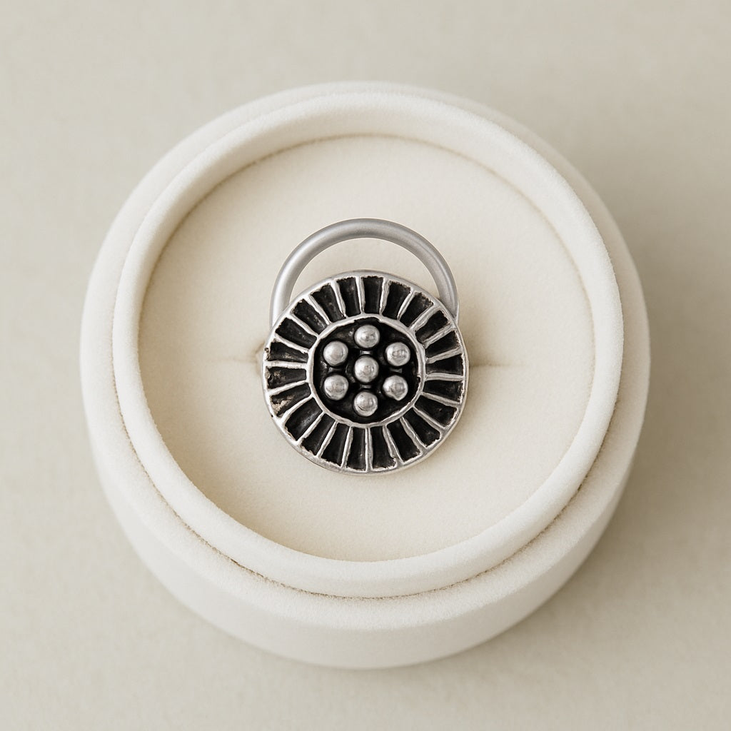 Sun Motif Tribal Design Nose Pin - 925 Oxidized Sterling Silver