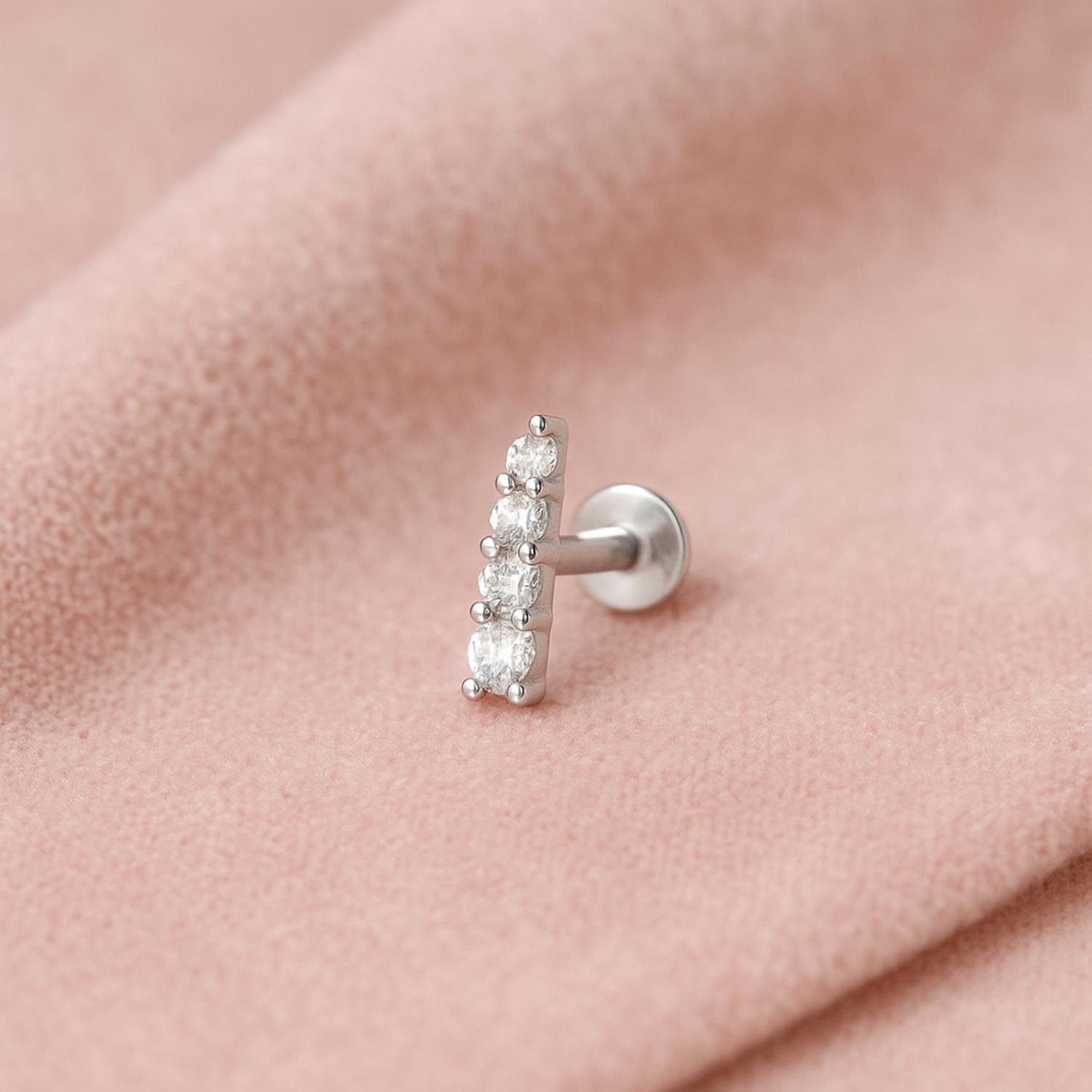 White CZ Vertical Bar Nose Pin - Sterling Silver