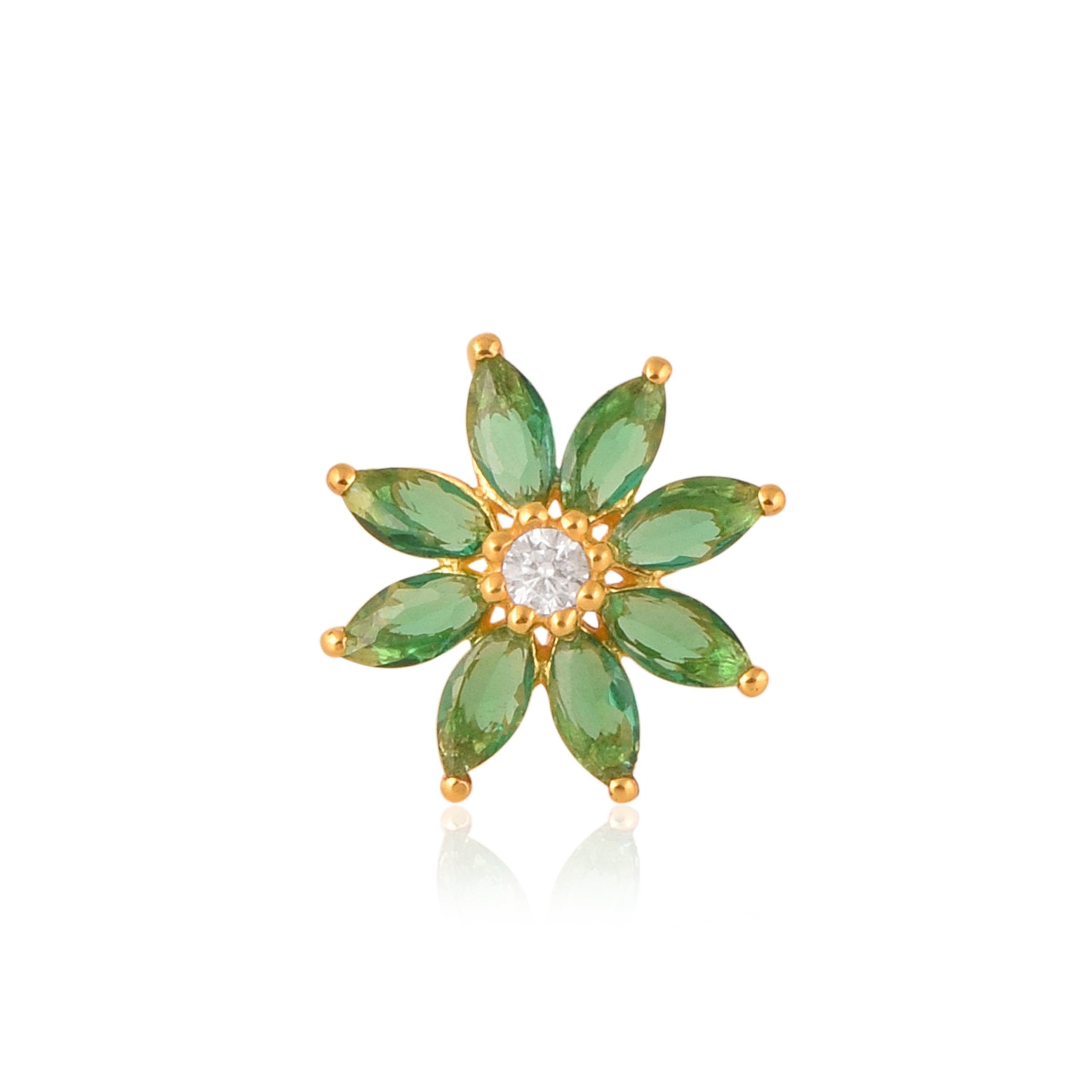 Green CZ Daisy Floral Design Nose Pin - Sterling Silver Gold Plated