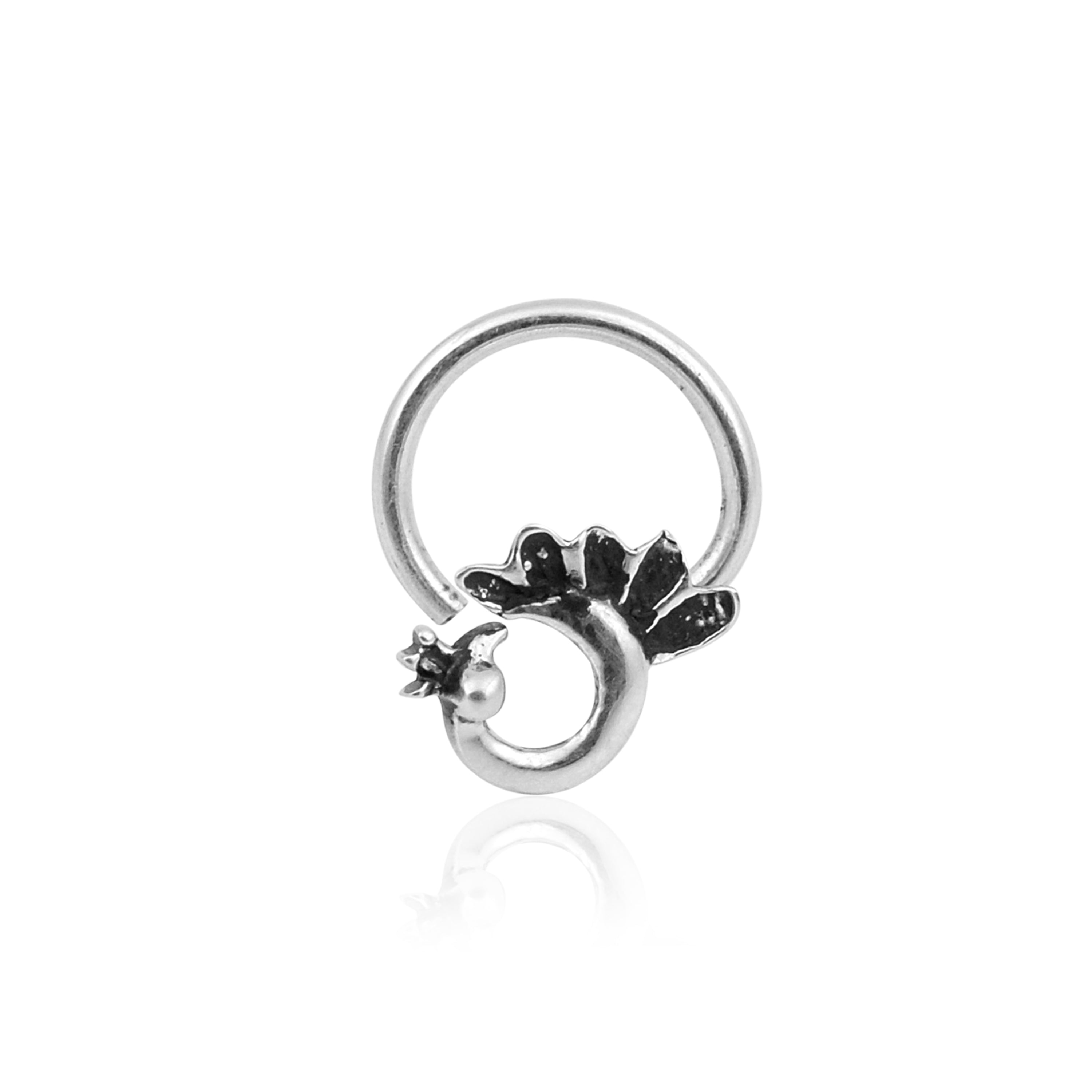 Peacock Design Nose Pin - Sterling Silver Oxidized Plated