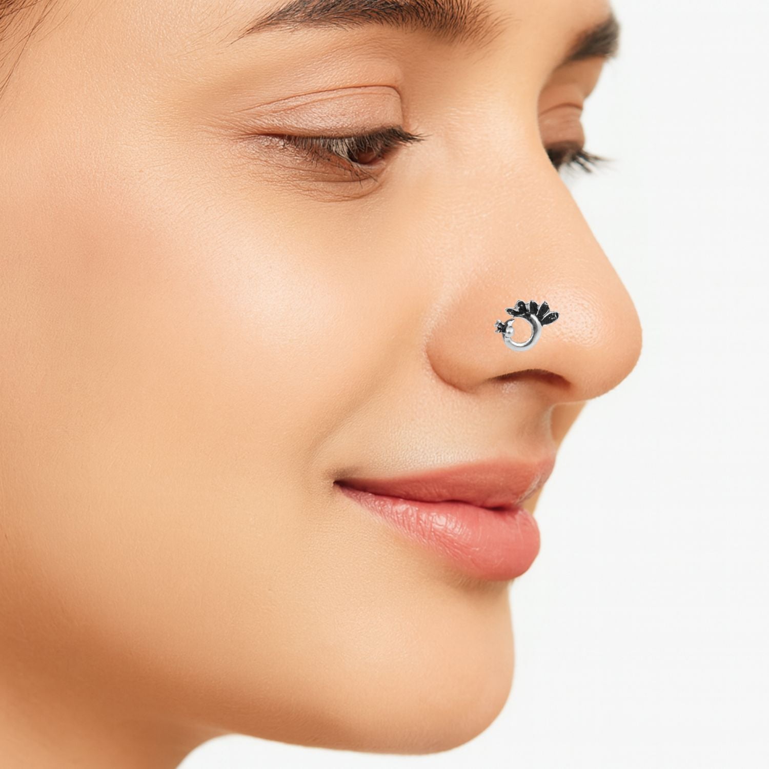 Peacock Design Nose Pin - Sterling Silver Oxidized Plated