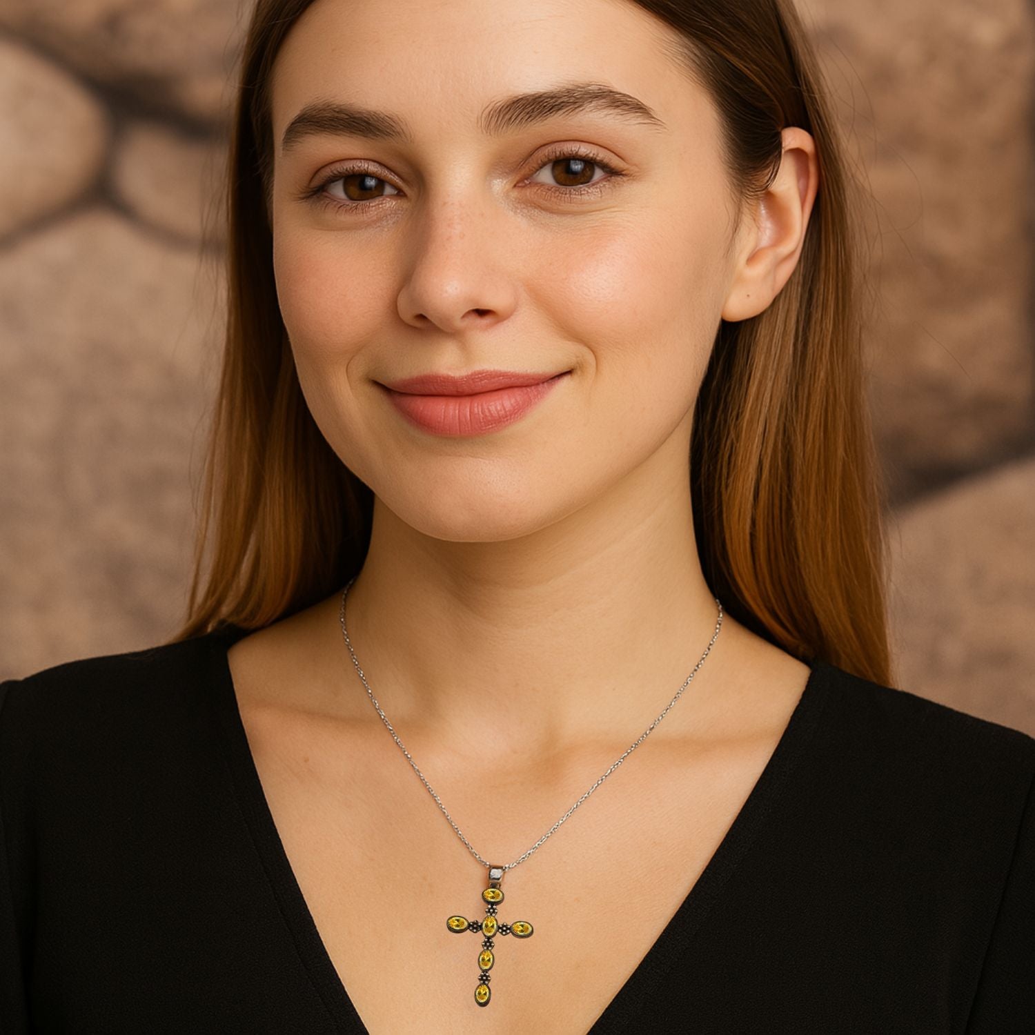 Multi Stone Ornate Cross Pendant -Sterling Silver