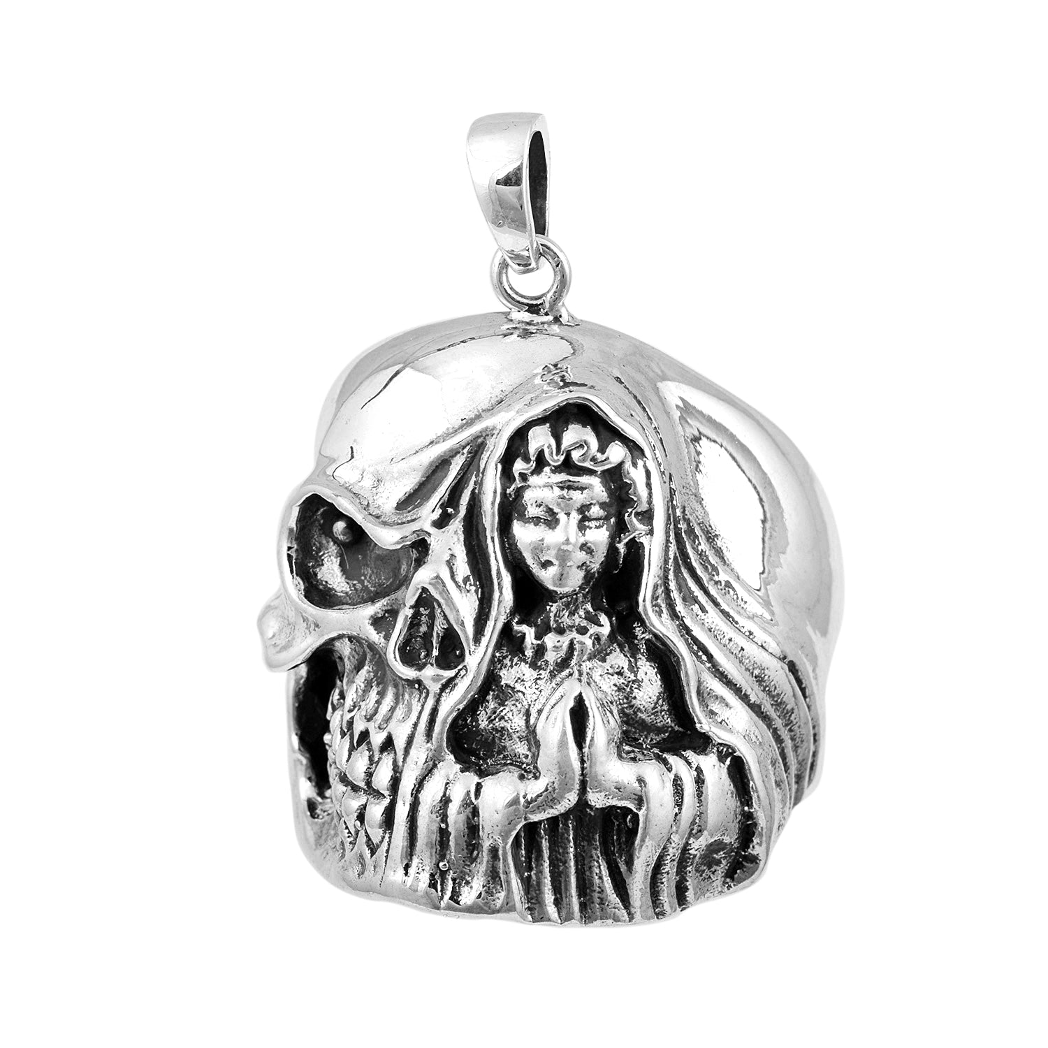 Collana religiosa da uomo in argento massiccio 925 con ciondolo a forma di teschio raffigurante la Santa Madre